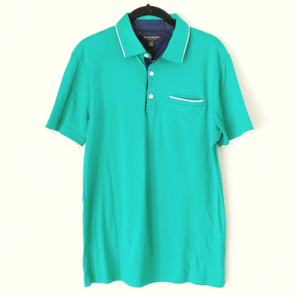 Banana Republic Luxury Touch 100% Cotton Green Collared Shirt w White Accents M‎